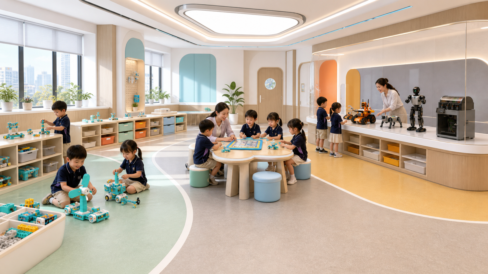 AI科创室空间规划概念效果图，展示儿童发起、师幼共创和教师引导三个区域